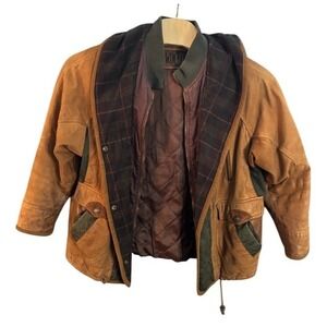 Vintage Winlit Leather Jacket Mens Medium Tan Green Colorblock Hooded Bomber